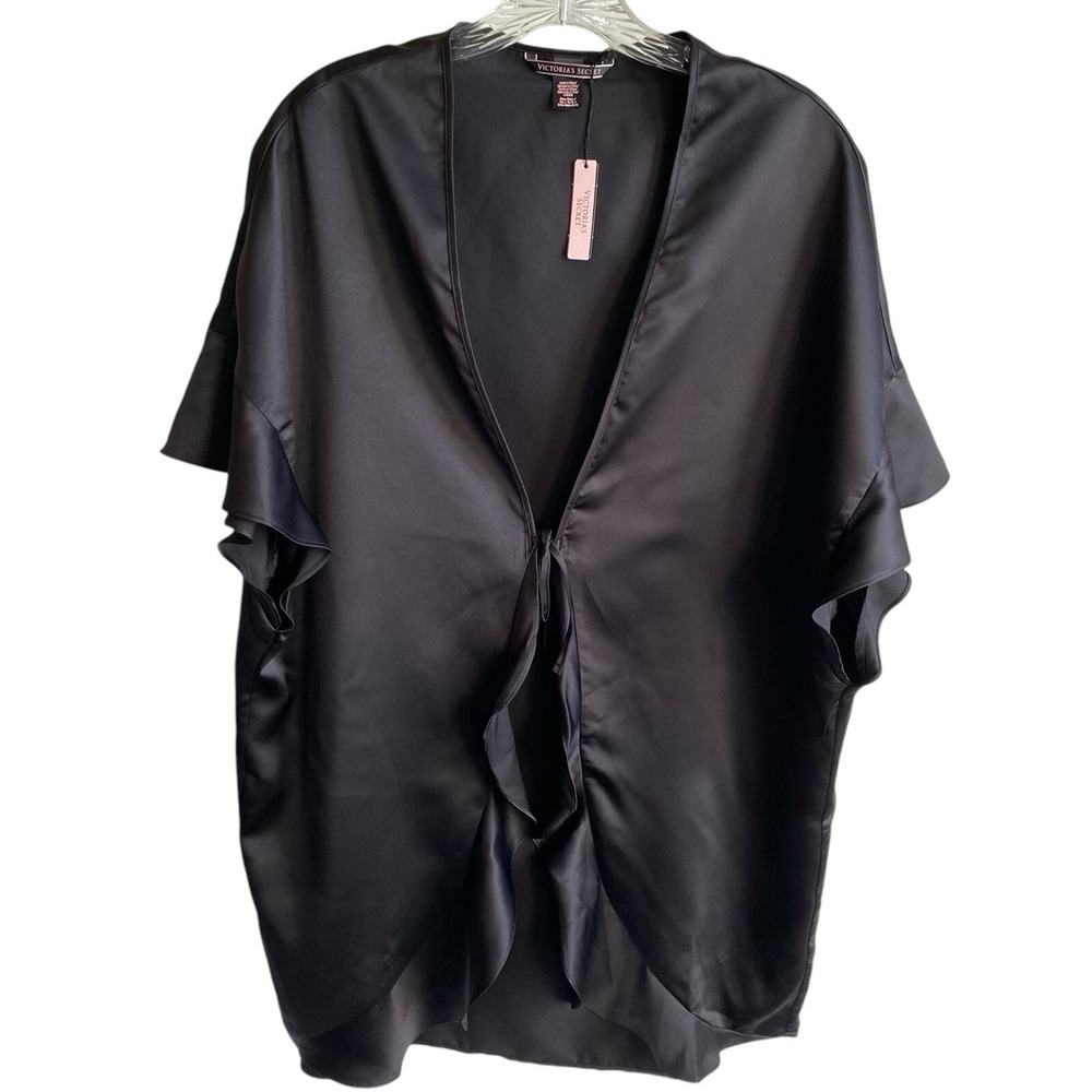 NWT Victoria's Secret Black Satin Kimono Robe One Size Ruffle Boudoir Coquette